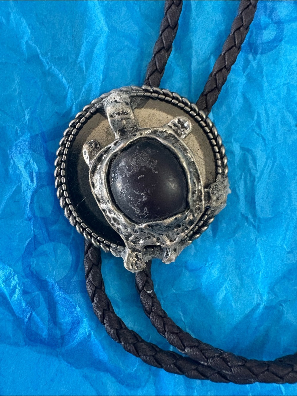Silver-Tone Turtle Pendant Necklace with Black Stone Bolo Tie